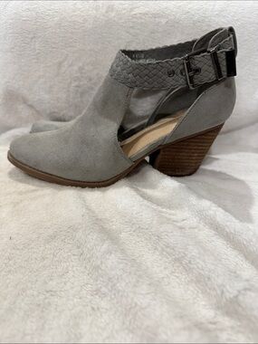 Open Cut Grey Suede Ankle Heels with Braided Buckle Strap